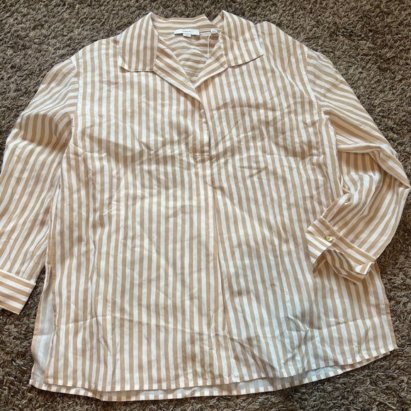 NWT Vince Coastal Stripe Shaped-Collar Shirt size large tan and white stripe - Picture 1 of 6